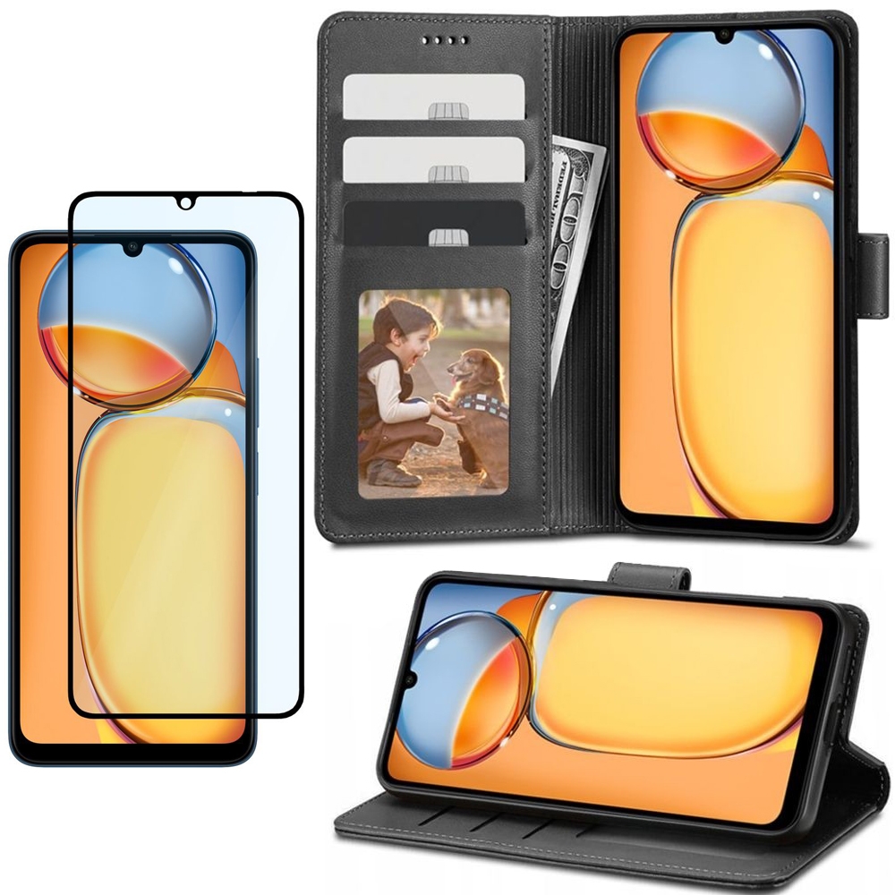 Etui z Klapką Wallet Case | Czarne + SZKŁO 5D do Xiaomi Redmi 13C / POCO C65
