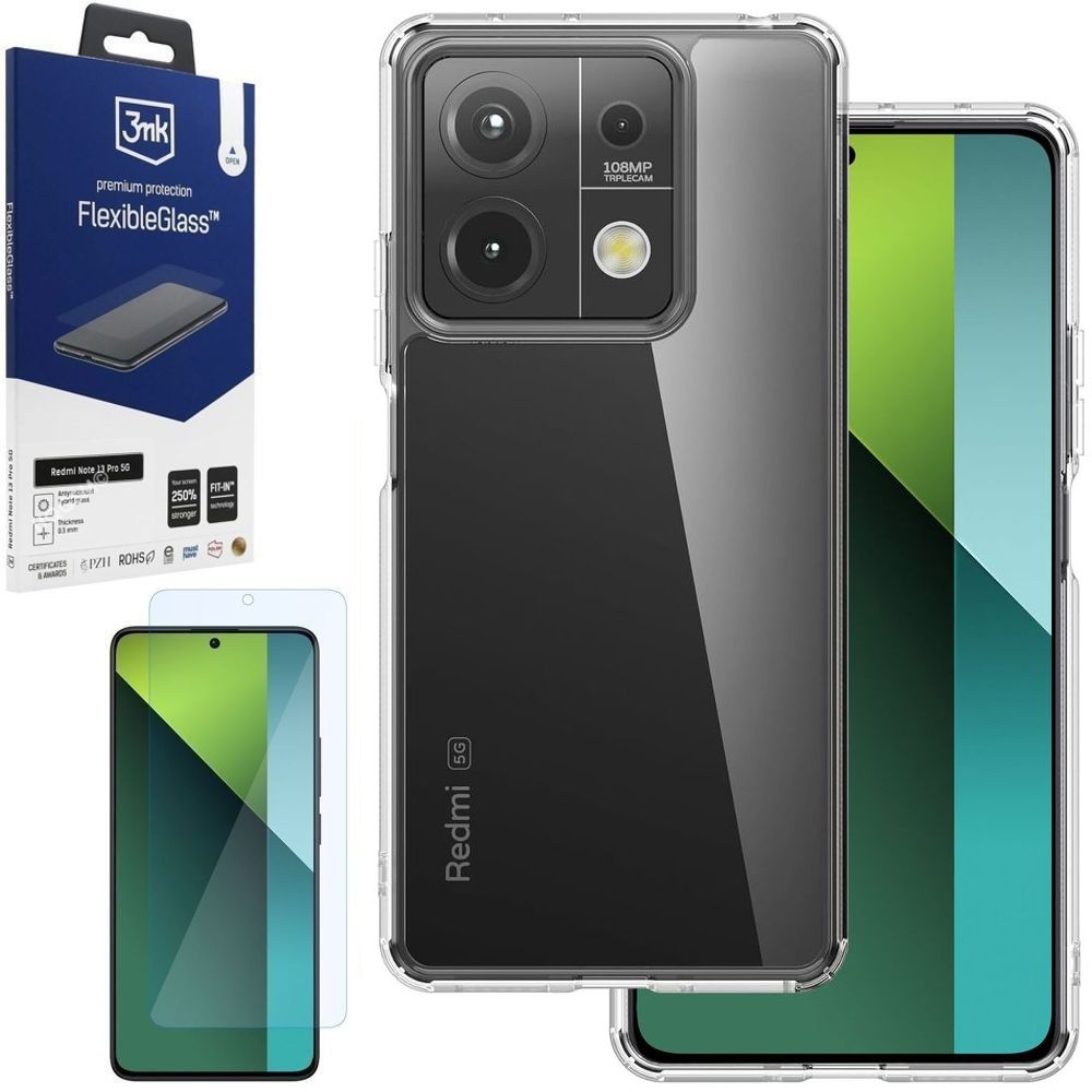 Etui HYBRID Tough Case | Clear + SZKŁO 3mk do Xiaomi Redmi Note 13 Pro 5G