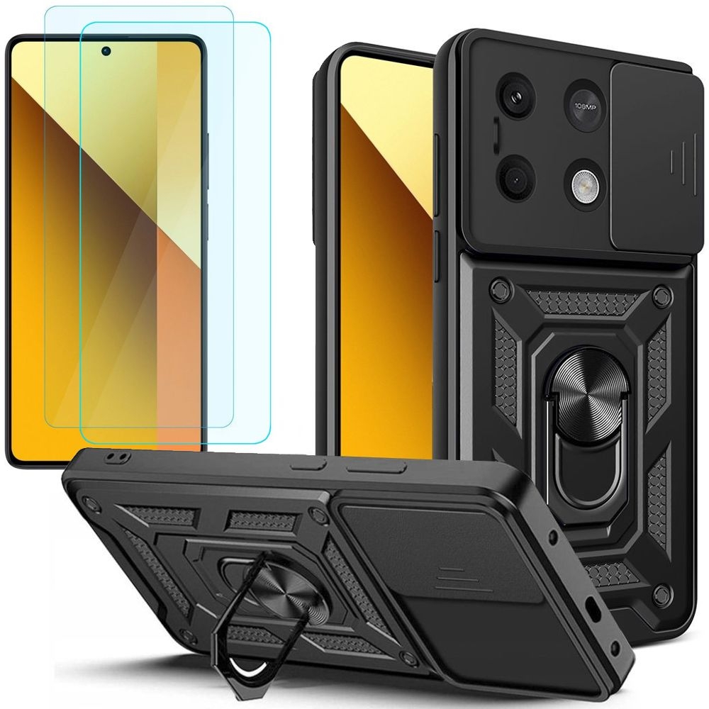 Hybrydowe Etui Ring Camshield | Czarne + 2x SZKŁO do Xiaomi Redmi Note 13 5G