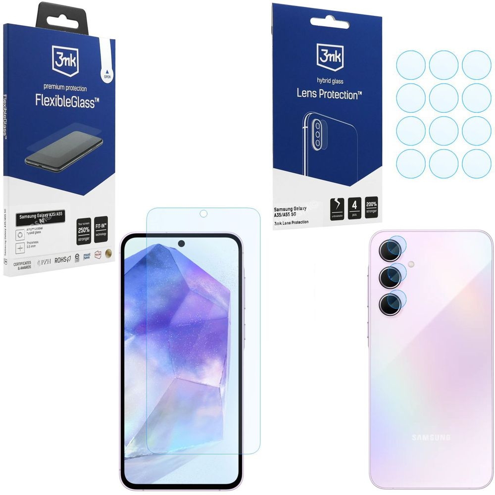 SZKŁO 3mk Flexible Glass + 4x APARAT Lens Protection do Samsung Galaxy A35 / A55 5G