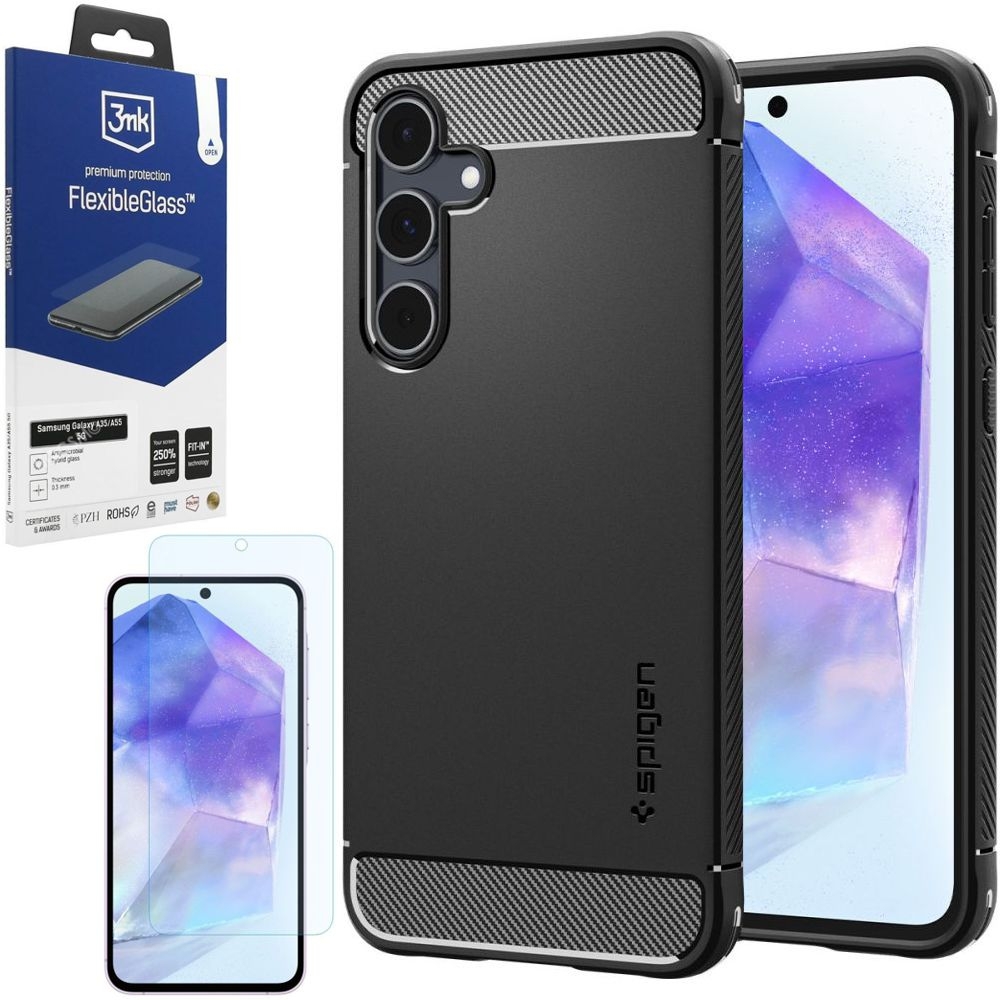 Etui SPIGEN Rugged Armor | Black + SZKŁO 3mk do Samsung Galaxy A55 5G