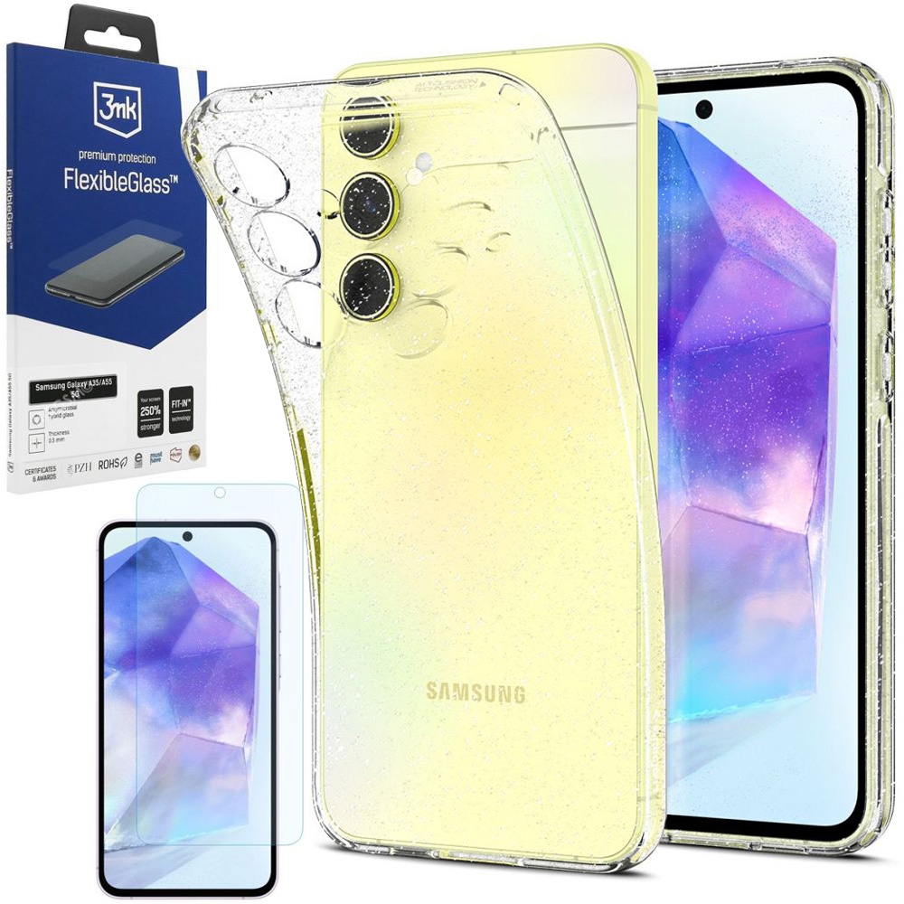 Etui SPIGEN Liquid Crystal Glitter | Crystal Quartz + SZKŁO 3mk do Samsung Galaxy A55 5G