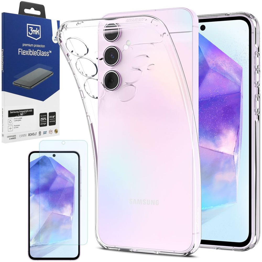 Etui SPIGEN Liquid Crystal | Crystal Clear + SZKŁO 3mk do Samsung Galaxy A55 5G