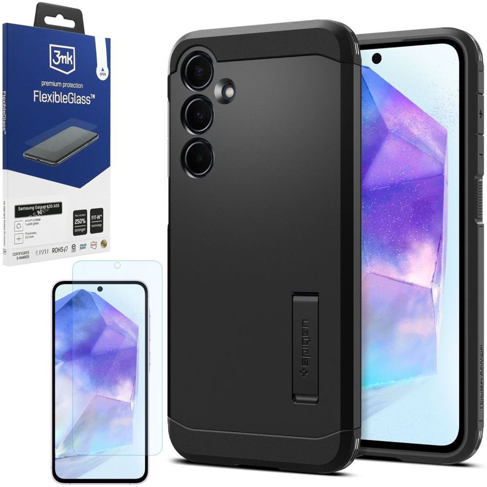 Pancerne Etui SPIGEN Tough Armor | Black + SZKŁO 3mk do Samsung Galaxy A55 5G