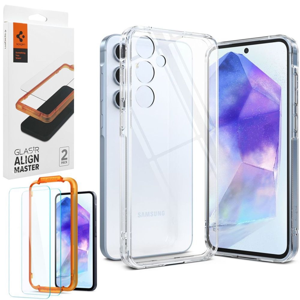 Etui RINGKE Fusion | Bezbarwne | Clear + 2x SZKŁO Spigen do Samsung Galaxy A55 5G