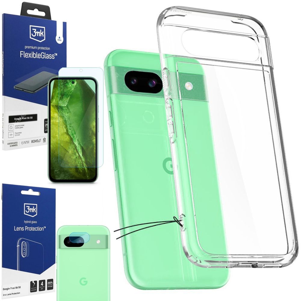 Etui SPIGEN Ultra Hybrid | Crystal Clear + SZKŁO 3mk + 4x APARAT do Google Pixel 8a