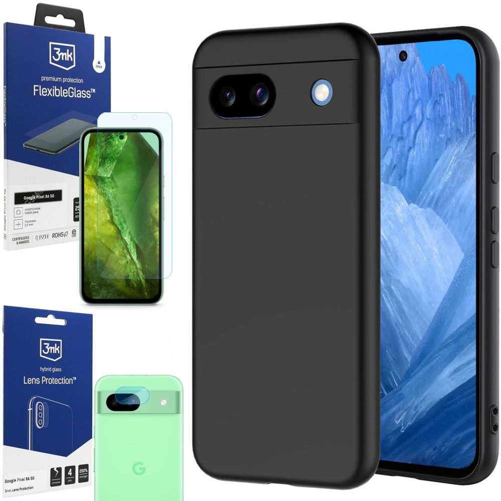 Cienkie Etui 3mk Matt Case | Black + SZKŁO 3mk + 4x APARAT do Google Pixel 8a