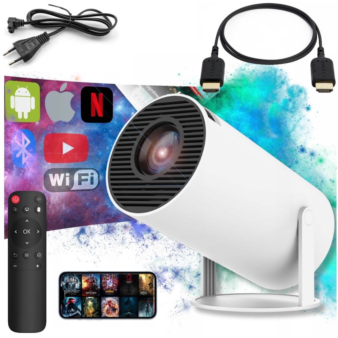 Mini Projektor Rzutnik | Obrotowy Przenośny | Głośnik Smart TV Android Wi-Fi HD