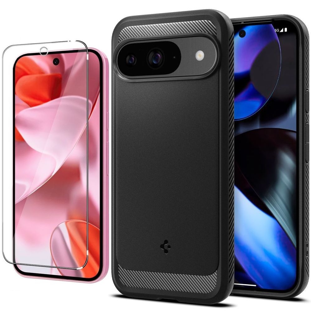 Etui SPIGEN Rugged Armor | Black + SZKŁO do Google Pixel 9 / 9 Pro