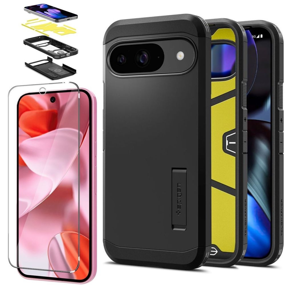 Pancerne Etui SPIGEN Tough Armor | Black + SZKŁO do Google Pixel 9 / 9 Pro