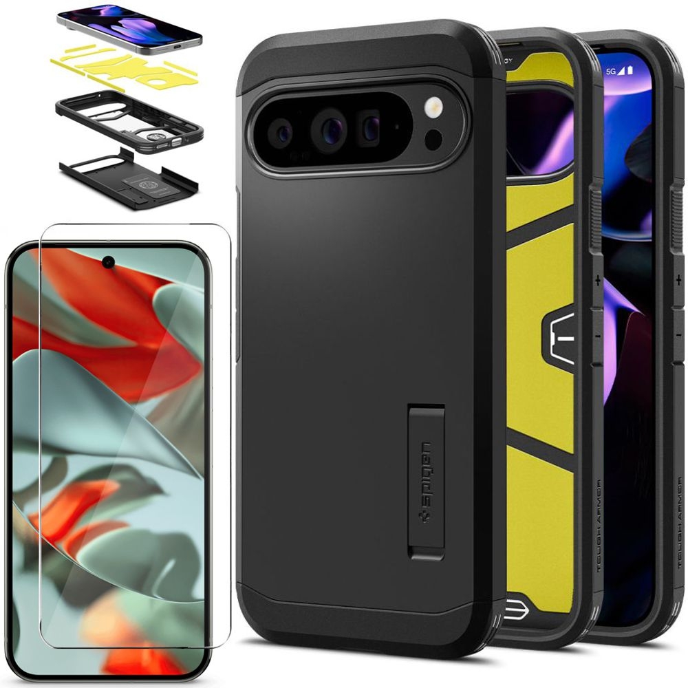 Pancerne Etui SPIGEN Tough Armor | Black + SZKŁO do Google Pixel 9 Pro XL