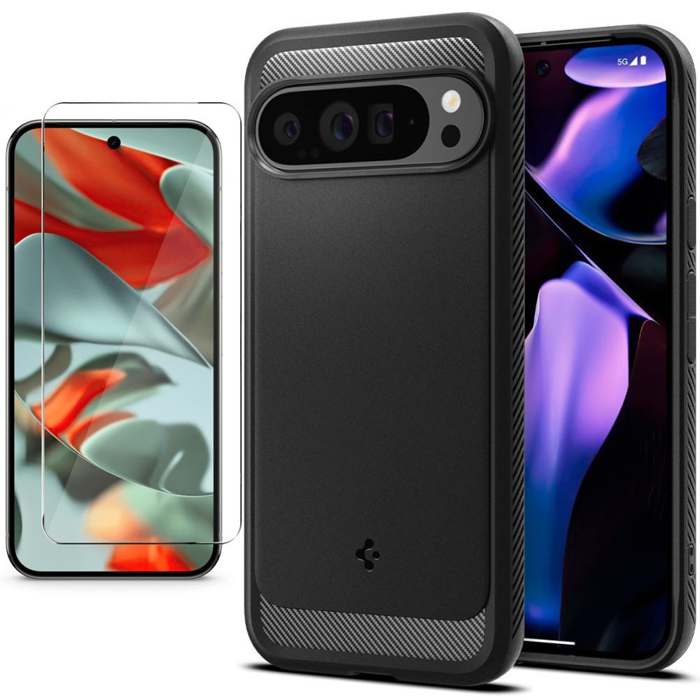 Etui SPIGEN Rugged Armor | Black + SZKŁO do Google Pixel 9 Pro XL