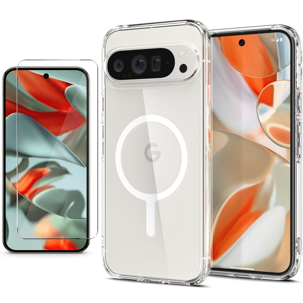 Etui SPIGEN Ultra Hybrid OneTap Metal Ring | Crystal White + SZKŁO do Google Pixel 9 Pro XL