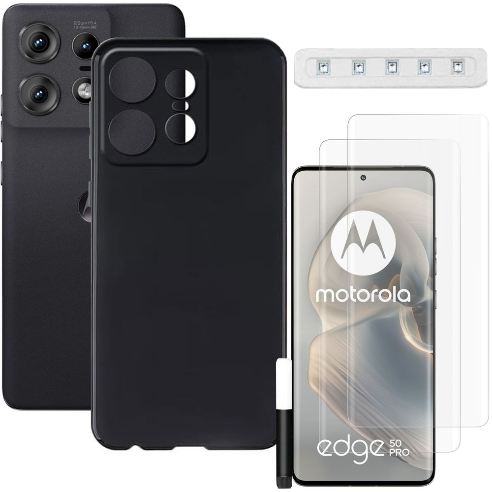Cienkie Etui Matt Silicone Case | Czarne + 2x SZKŁO UV do Motorola Edge 50 Pro