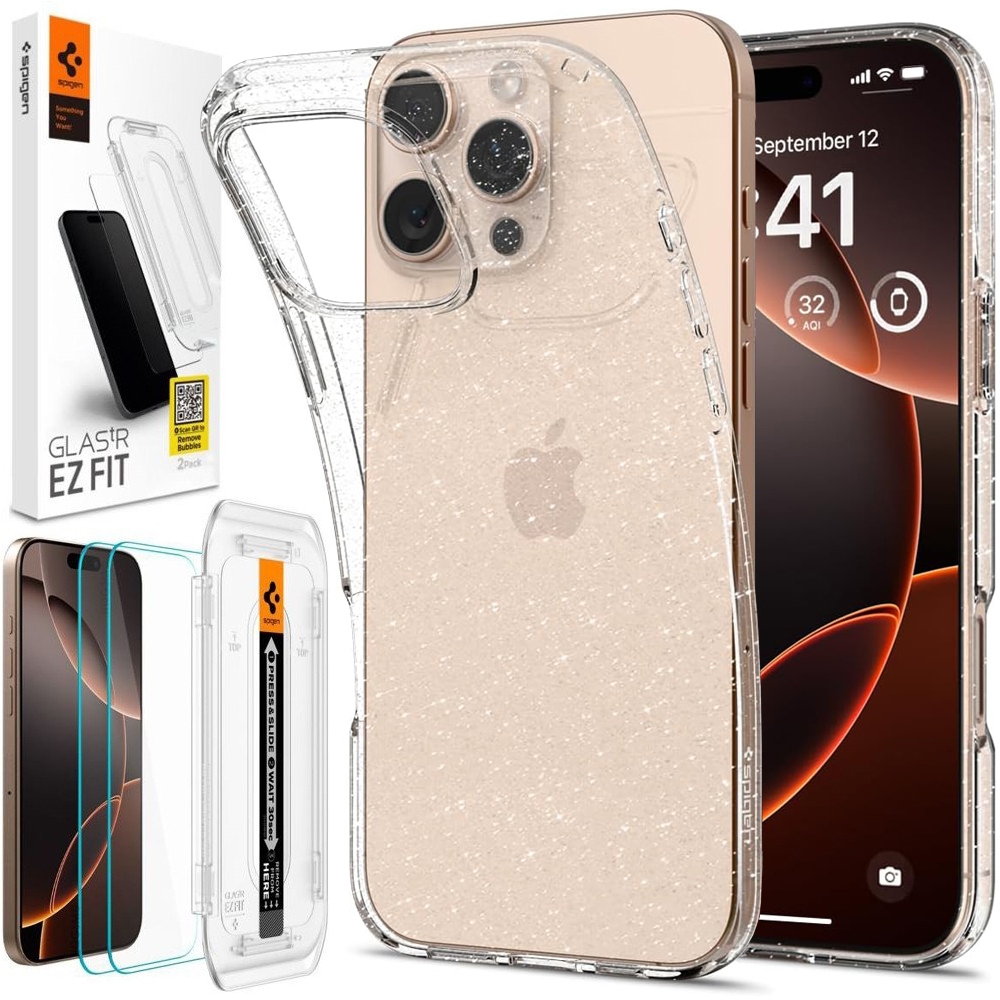 Etui SPIGEN Liquid Crystal Glitter | Crystal Quartz + 2x SZKŁO Spigen do Apple iPhone 16 Pro |