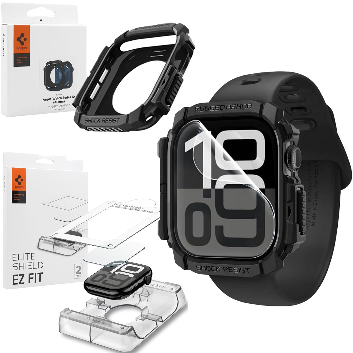 Etui SPIGEN Rugged Armor | Matte Black + 2x Szkło Hybrydowe SPIGEN EliteShield EZ Fit do Apple Watch 10 46mm