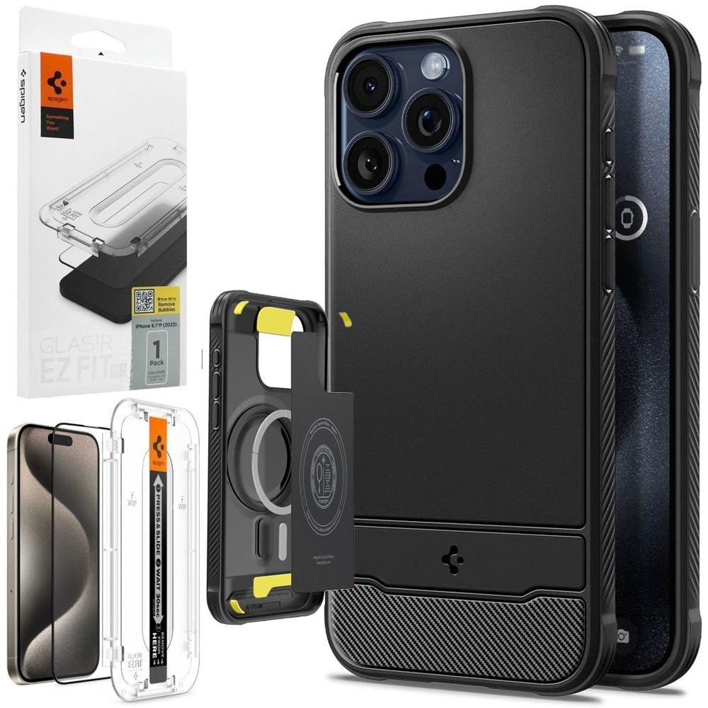 Etui SPIGEN Rugged Armor MagSafe | Black + SZKŁO Spigen EZ Fit do Apple iPhone 15 Pro |