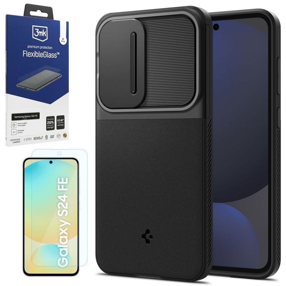Etui SPIGEN Optik Armor | Black + SZKŁO 3mk FG do Samsung Galaxy S24 FE