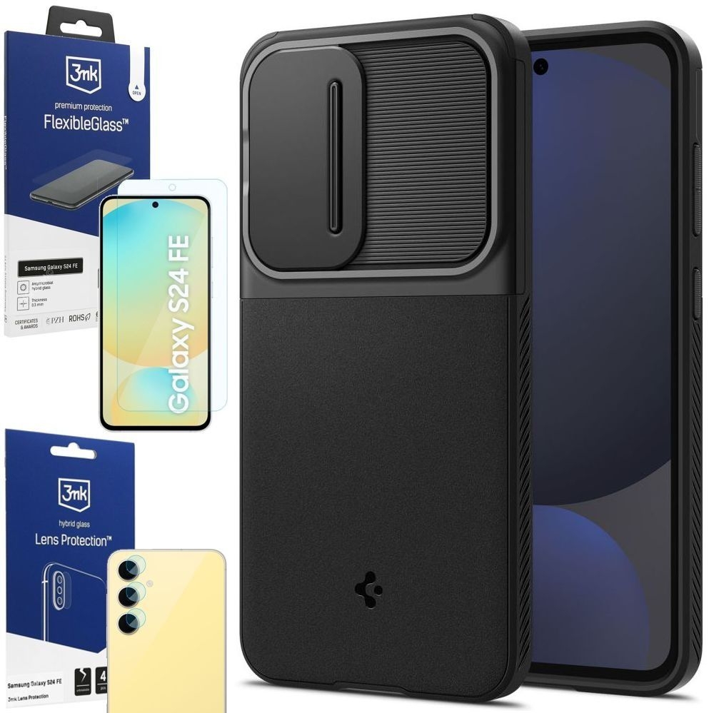 Etui SPIGEN Optik Armor | Black + SZKŁO 3mk FG + 4x APARAT do Samsung Galaxy S24 FE