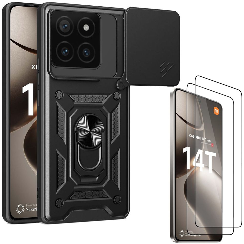 Hybrydowe Etui Ring Camshield | Czarne + 2x SZKŁO 5D do Xiaomi 14T