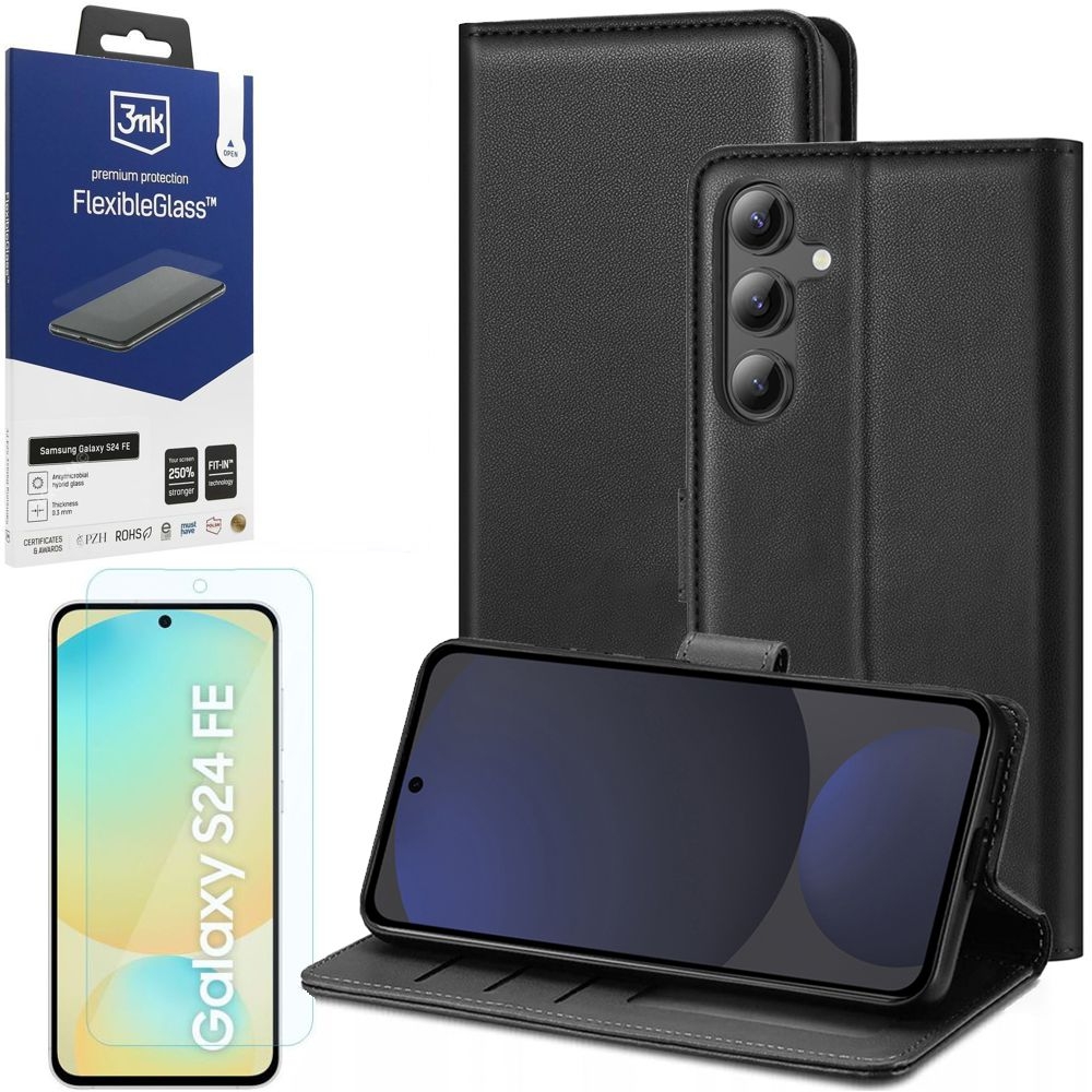 TP | Etui z Klapką Wallet Case | Czarne + SZKŁO 3mk FG do Samsung Galaxy S24 FE