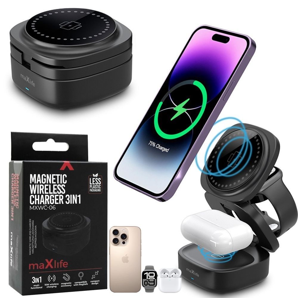 maXlife | Składana Ładowarka Indukcyjna 3w1 | z MagSafe 15W | Czarna