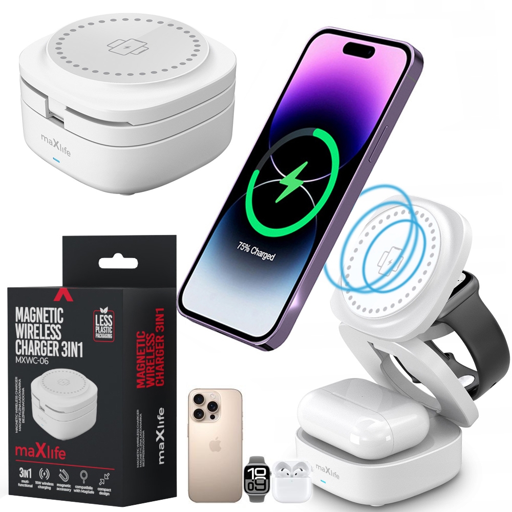 maXlife | Składana Ładowarka Indukcyjna 3w1 | z MagSafe 15W | Biała