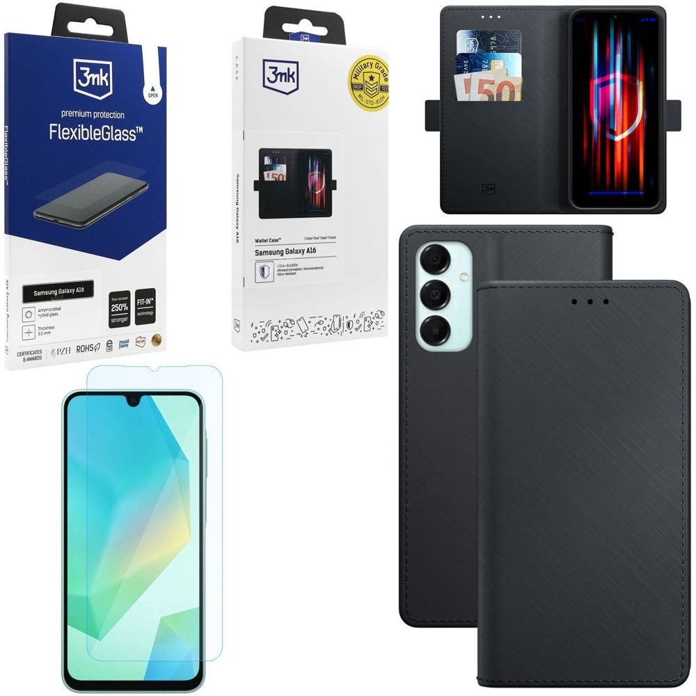 Zamykane Etui z Klapką | 3mk Wallet Case | Czarne + SZKŁO 3mk FG do Samsung Galaxy A16 / 5G
