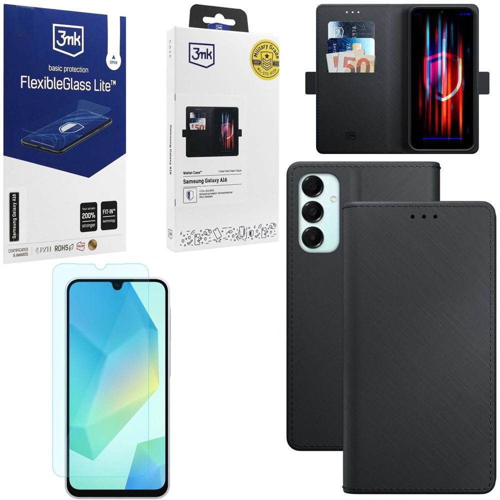 Zamykane Etui z Klapką | 3mk Wallet Case | Czarne + SZKŁO 3mk Lite do Samsung Galaxy A16 / 5G