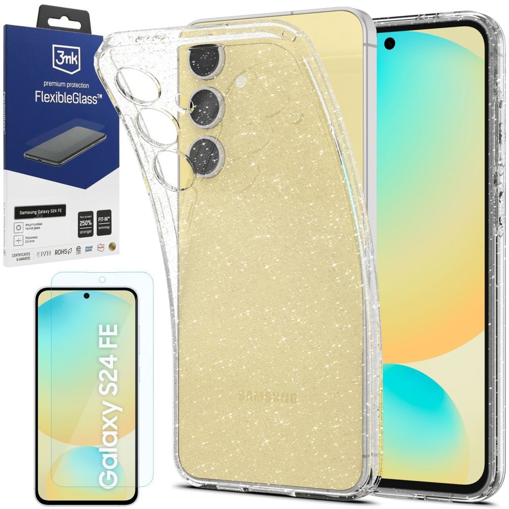 Etui SPIGEN Liquid Crystal Glitter | Crystal Quartz + SZKŁO 3mk FG do Samsung Galaxy S24 FE