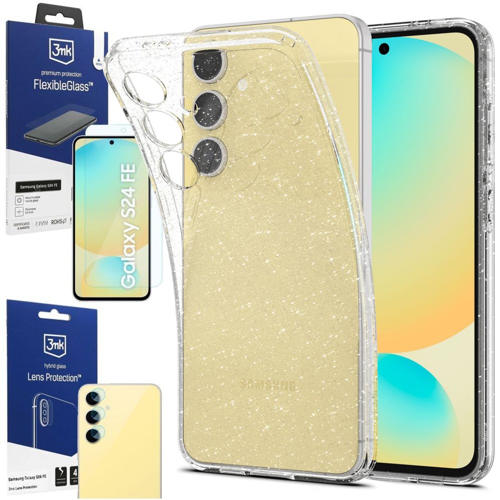 Etui SPIGEN Liquid Crystal Glitter | Crystal Quartz + SZKŁO 3mk FG + 4x APARAT do Samsung Galaxy S24 FE