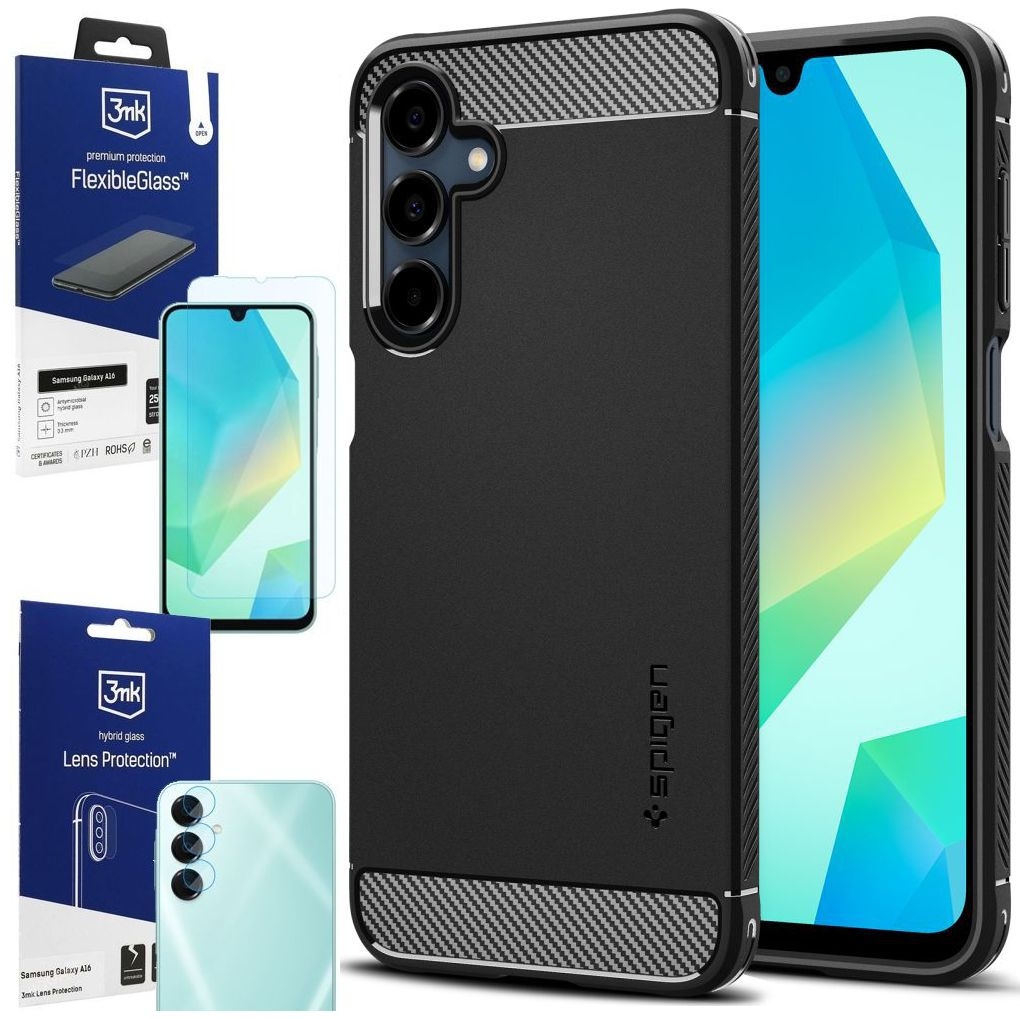 Etui SPIGEN Rugged Armor | Black + SZKŁO 3mk + 4x APARAT do Samsung Galaxy A16 / 5G