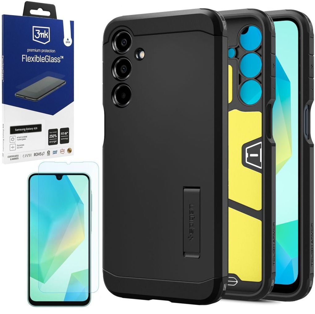 Pancerne Etui SPIGEN Tough Armor | Black + SZKŁO 3mk FG do Samsung Galaxy A16 / 5G