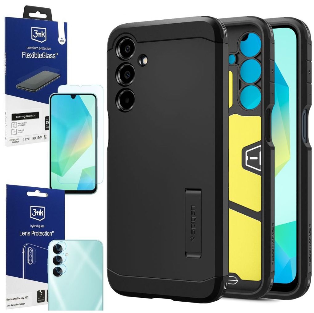 Pancerne Etui SPIGEN Tough Armor | Black + SZKŁO 3mk + 4x APARAT do Samsung Galaxy A16 / 5G