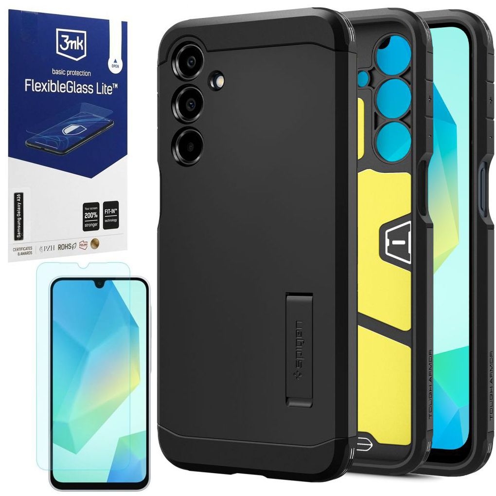 Pancerne Etui SPIGEN Tough Armor | Black + SZKŁO 3mk Lite do Samsung Galaxy A16 / 5G