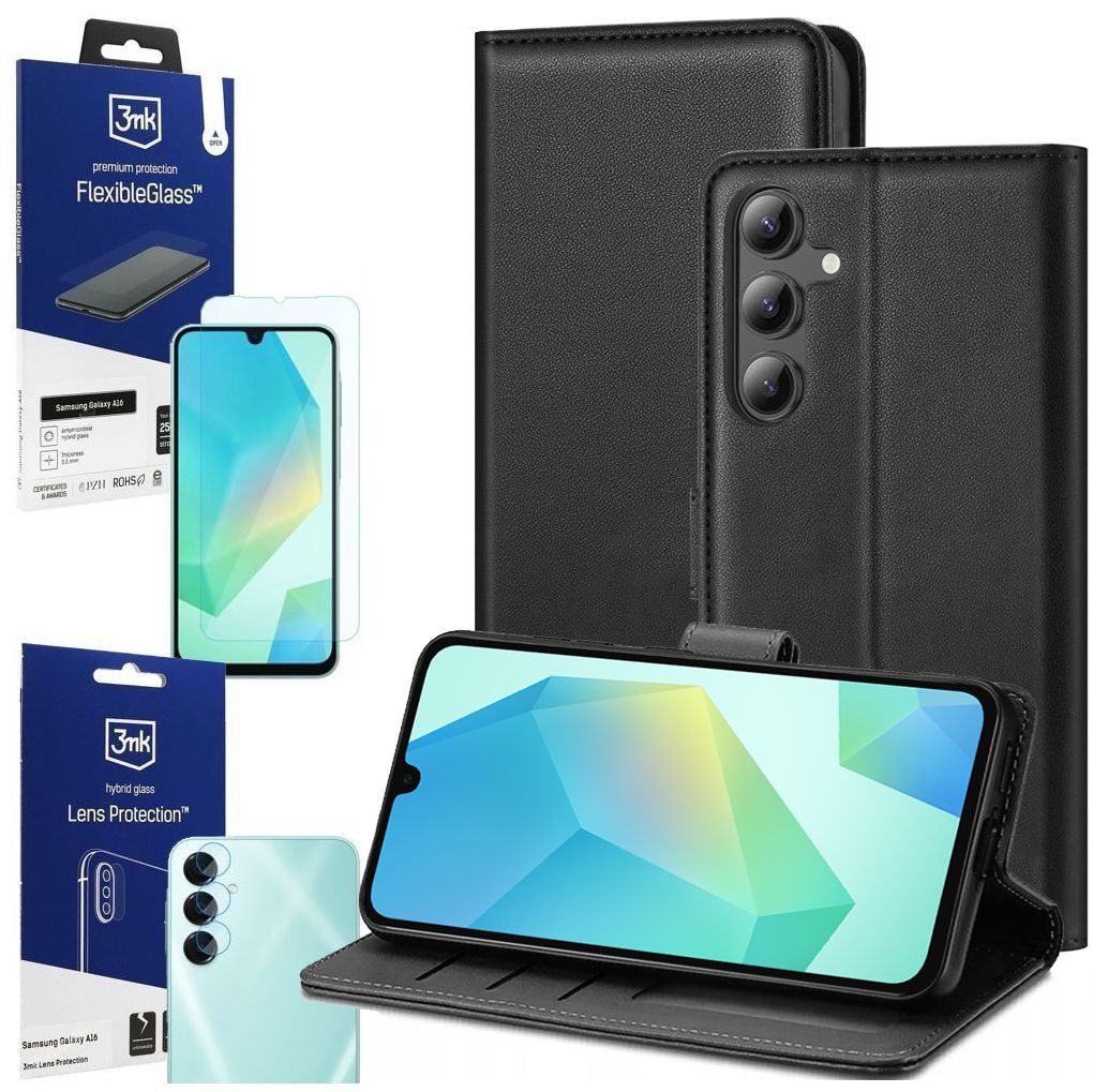 Etui z Klapką Wallet Case | Czarne + SZKŁO 3mk + 4x APARAT do Samsung Galaxy A16 / 5G