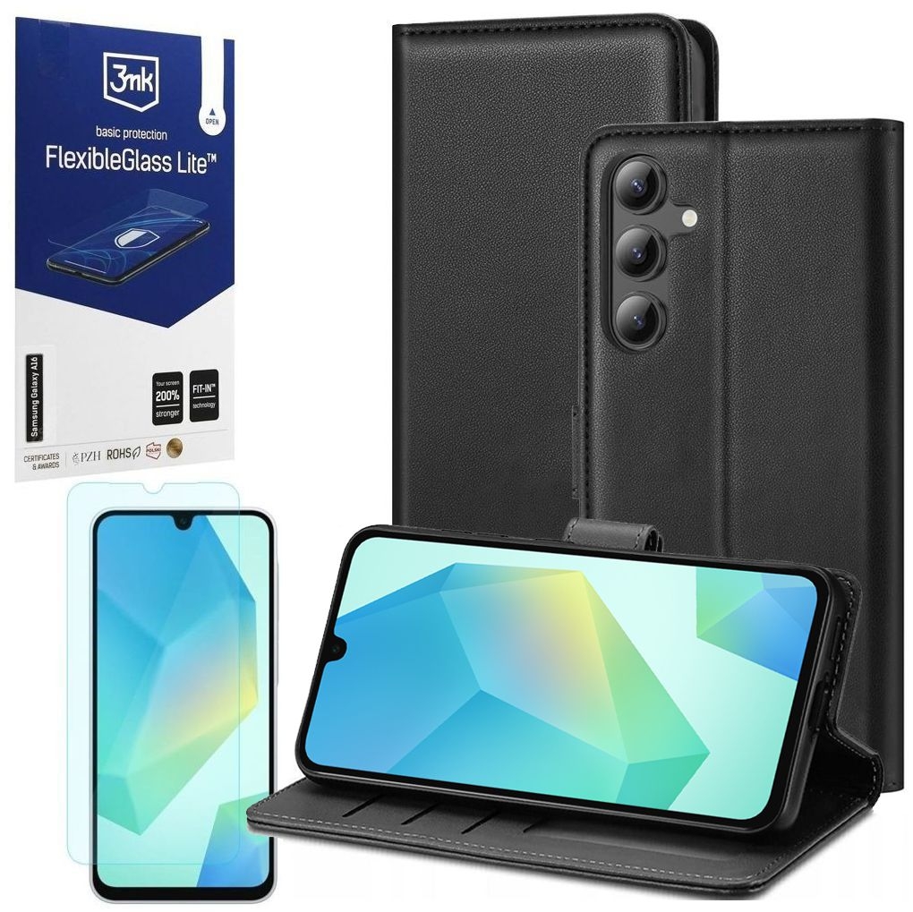Etui z Klapką Wallet Case | Czarne + SZKŁO 3mk Lite do Samsung Galaxy A16 / 5G