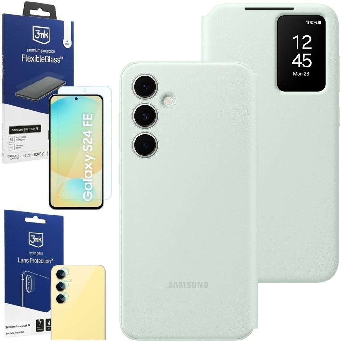 Oryginalne Etui Smart View Wallet Case | Miętowe + SZKŁO 3mk FG + 4x APARAT do Samsung Galaxy S24 FE