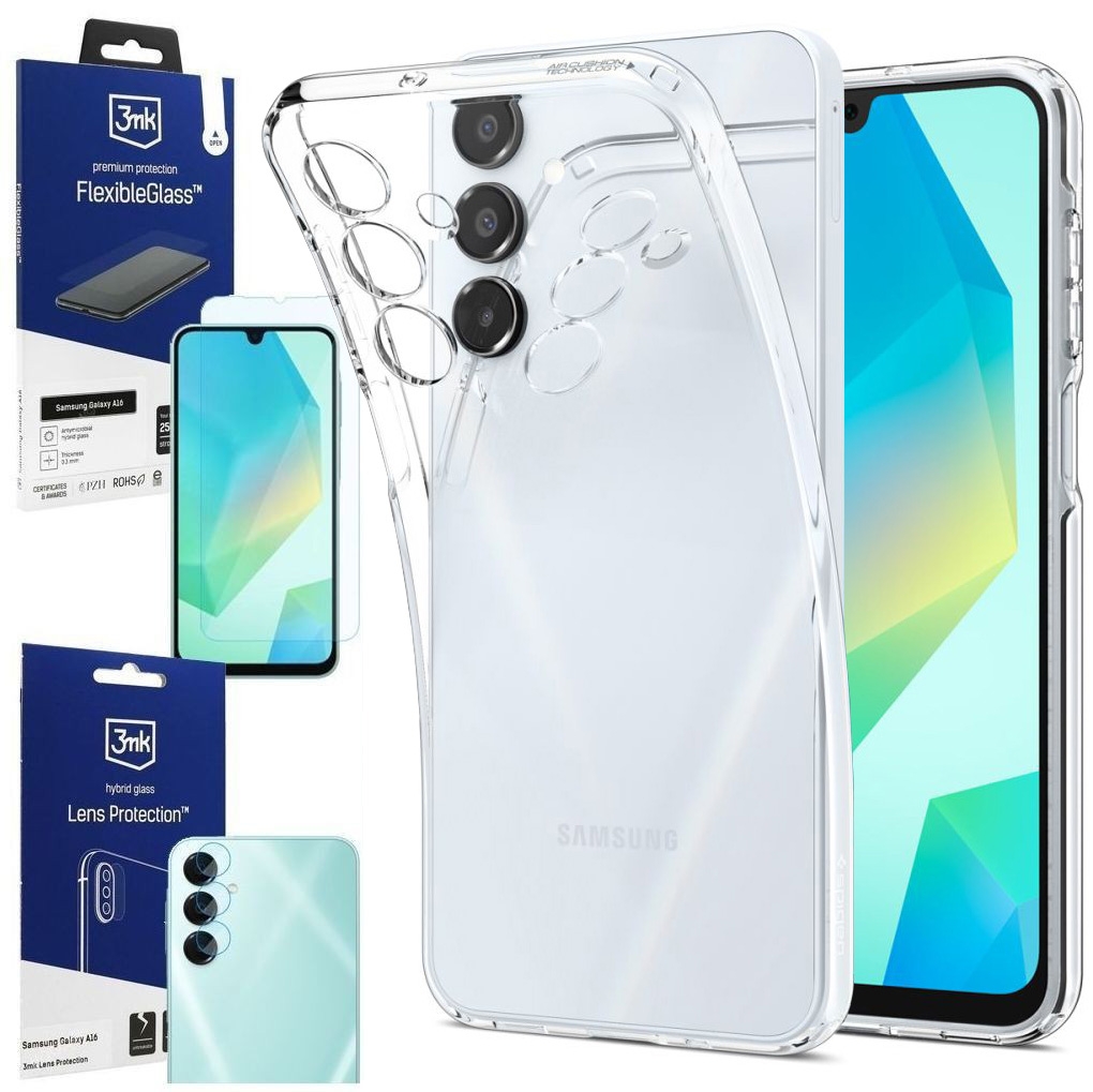 Etui SPIGEN Crystal Flex | Crystal Clear + SZKŁO 3mk + 4x APARAT do Samsung Galaxy A16 / 5G