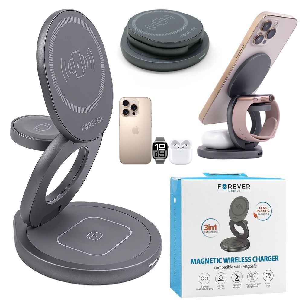 Forever | Aluminiowa Składana Ładowarka Indukcyjna 3w1 | Podróżna z MagSafe 15W