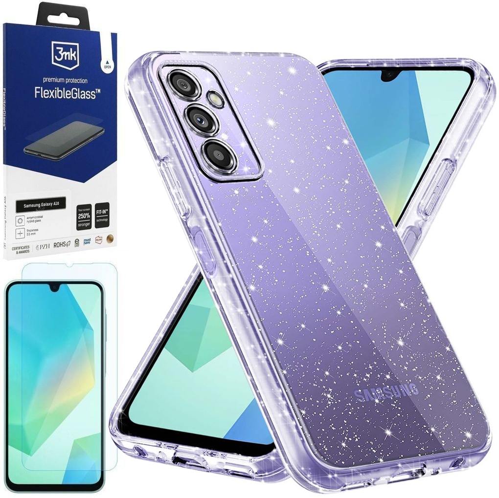 Mocne Etui Air Case PRO 2mm | Glitter Clear + SZKŁO 3mk FG do Samsung Galaxy A16 LTE / 5G