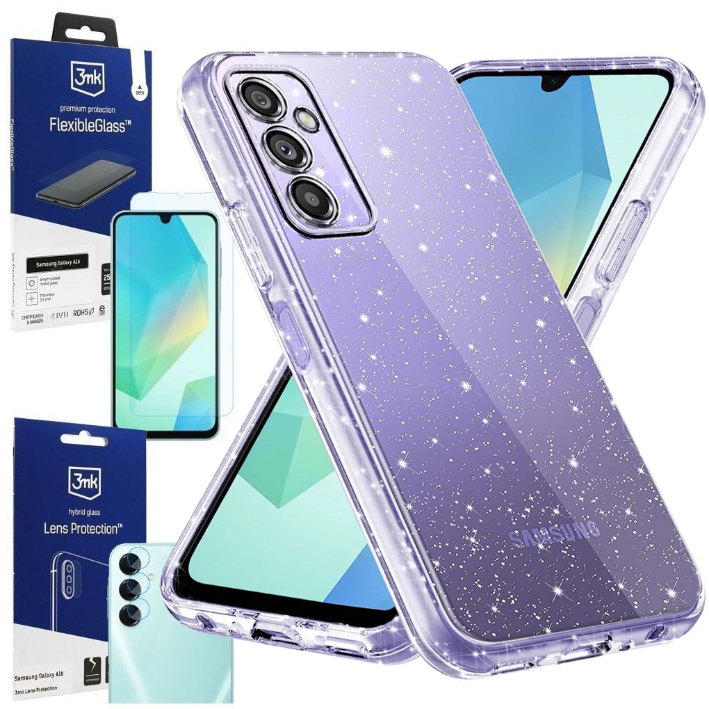 Mocne Etui Air Case PRO 2mm | Glitter Clear + SZKŁO 3mk + 4x APARAT do Samsung Galaxy A16 LTE / 5G