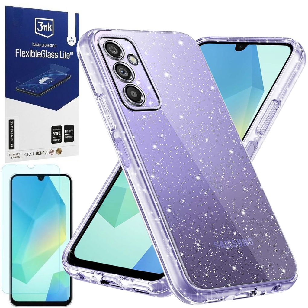 Mocne Etui Air Case PRO 2mm | Glitter Clear + SZKŁO 3mk Lite do Samsung Galaxy A16 LTE / 5G