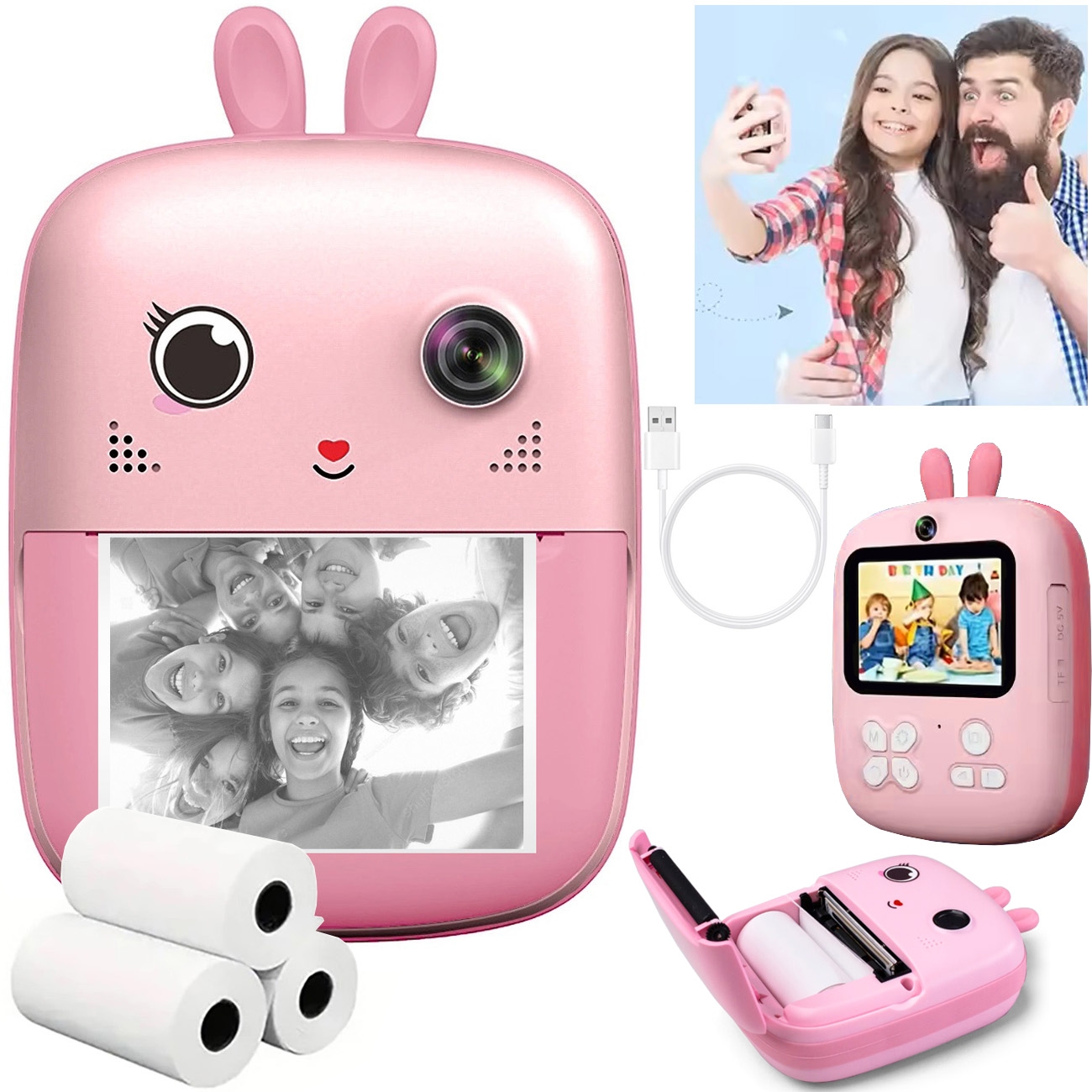 Drukuś | Aparat Natychmiastowy dla Dzieci Fotograficzny + Mini Drukarka | MP3 Kamera Gry | Różowy