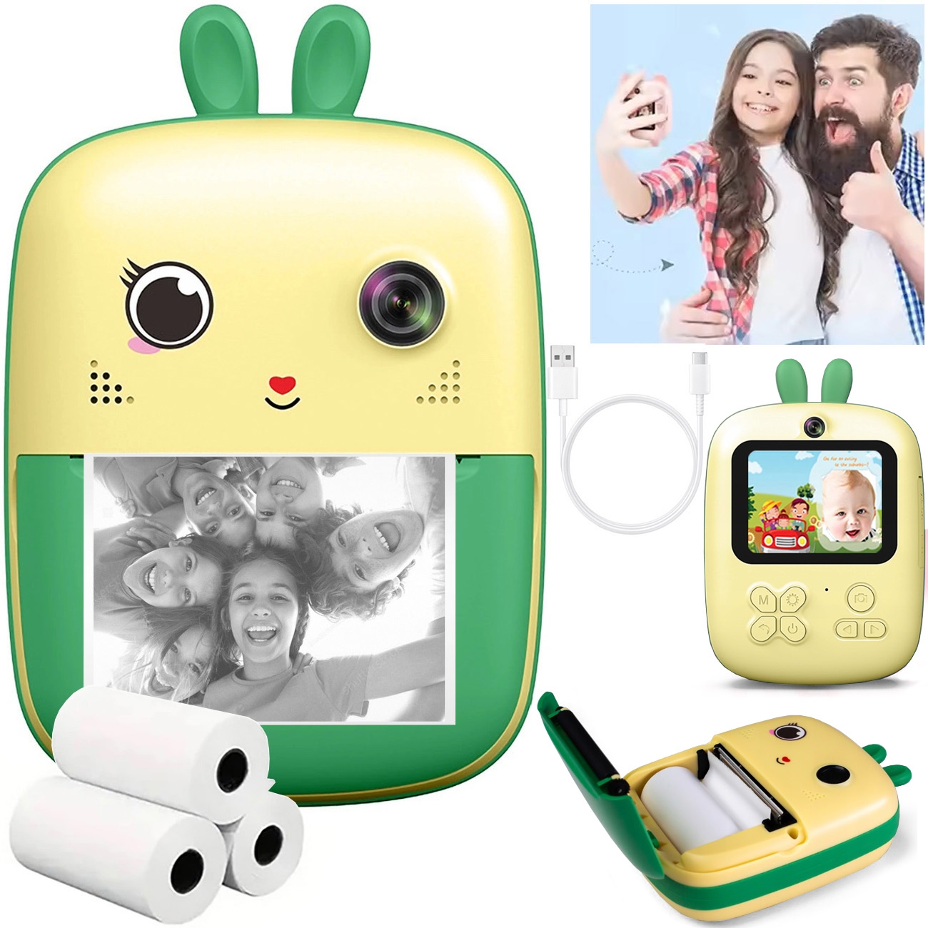 Drukuś | Aparat Natychmiastowy dla Dzieci Fotograficzny + Mini Drukarka | MP3 Kamera Gry | Zielony