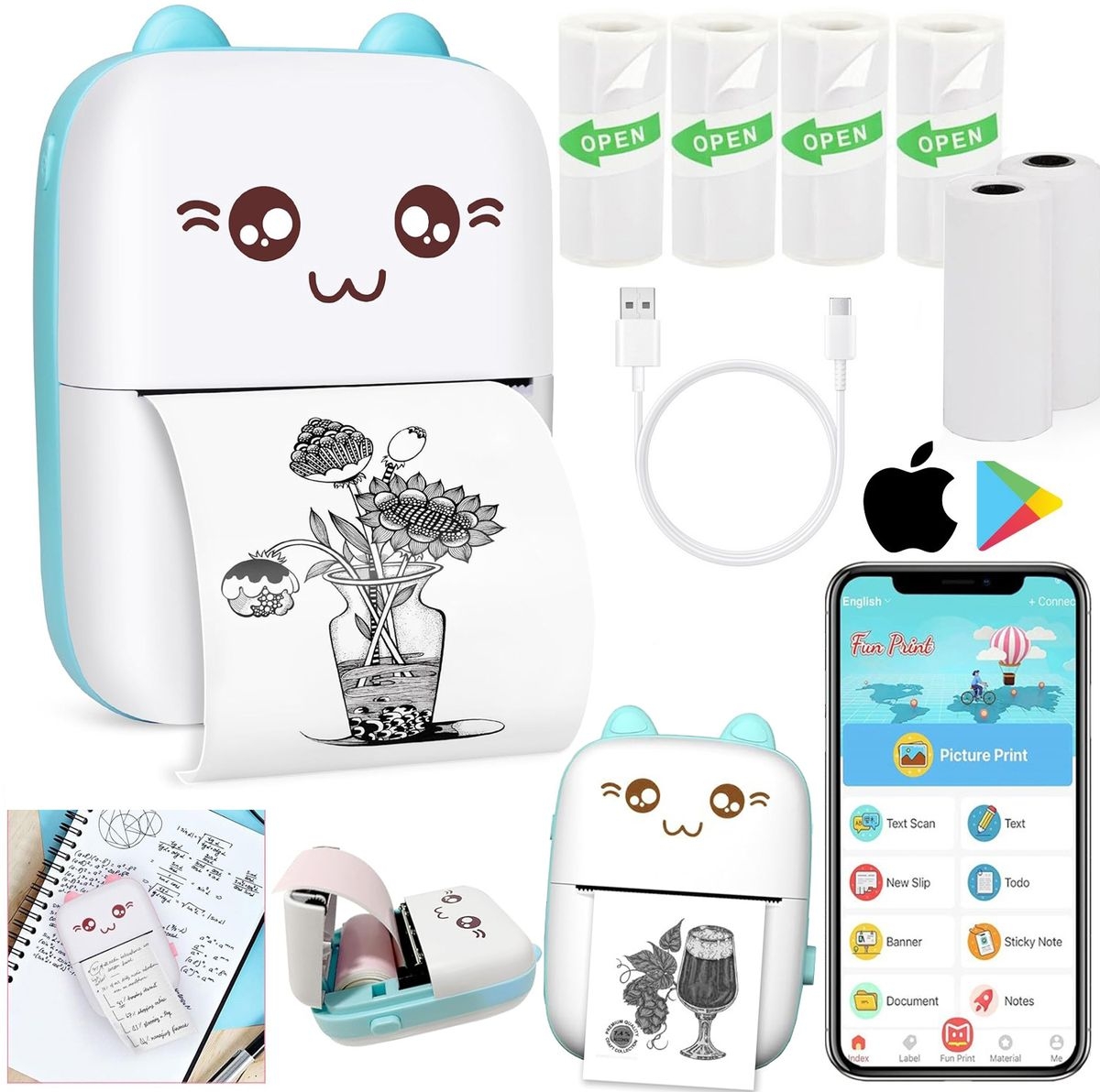 Drukuś | Mini Drukarka Termiczna Natychmiastowa | dla Dzieci | Kotek Miętowy + 6 Rolek