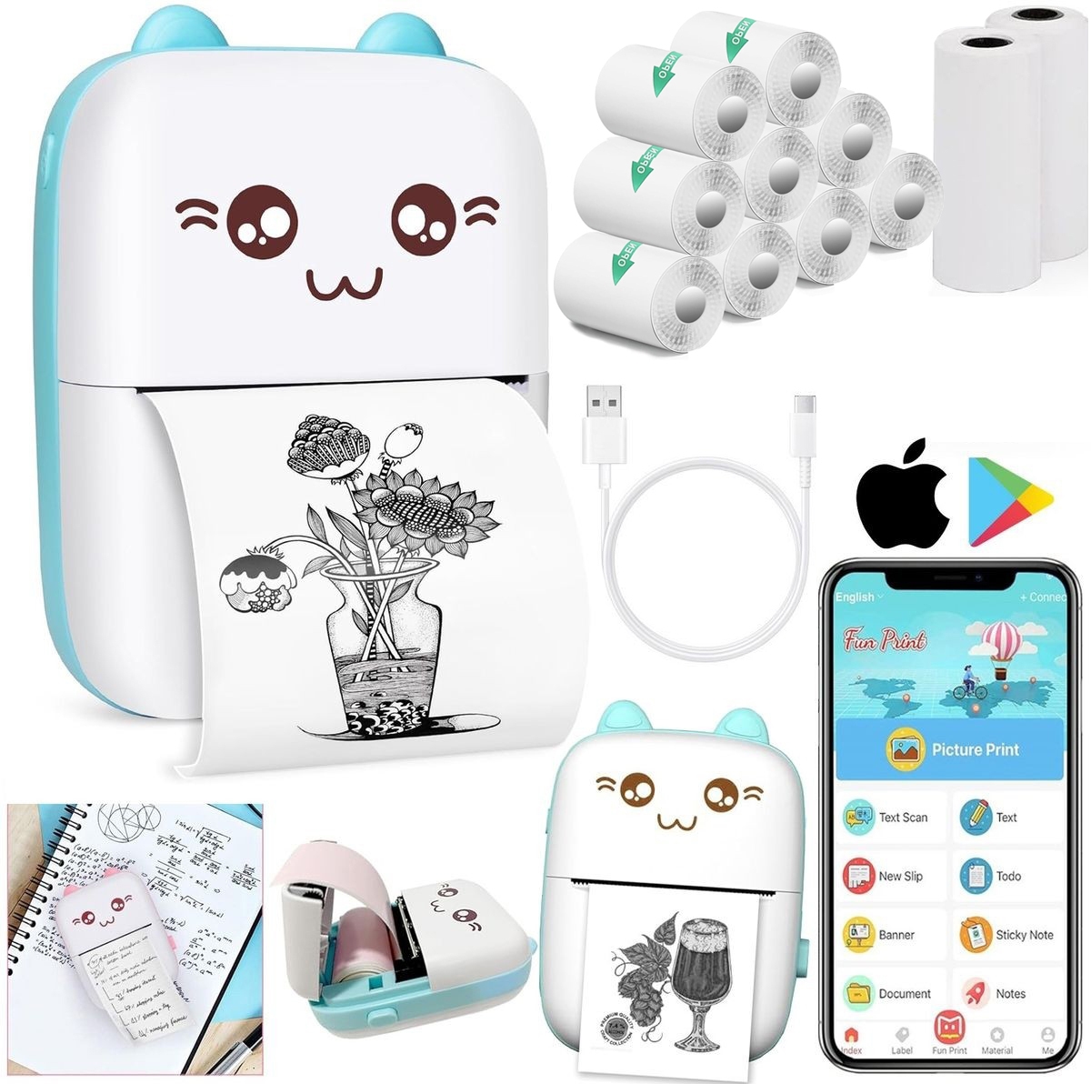 Drukuś | Mini Drukarka Termiczna Natychmiastowa | dla Dzieci | Kotek Miętowy + PAPIER SAMOPRZYLEPNY