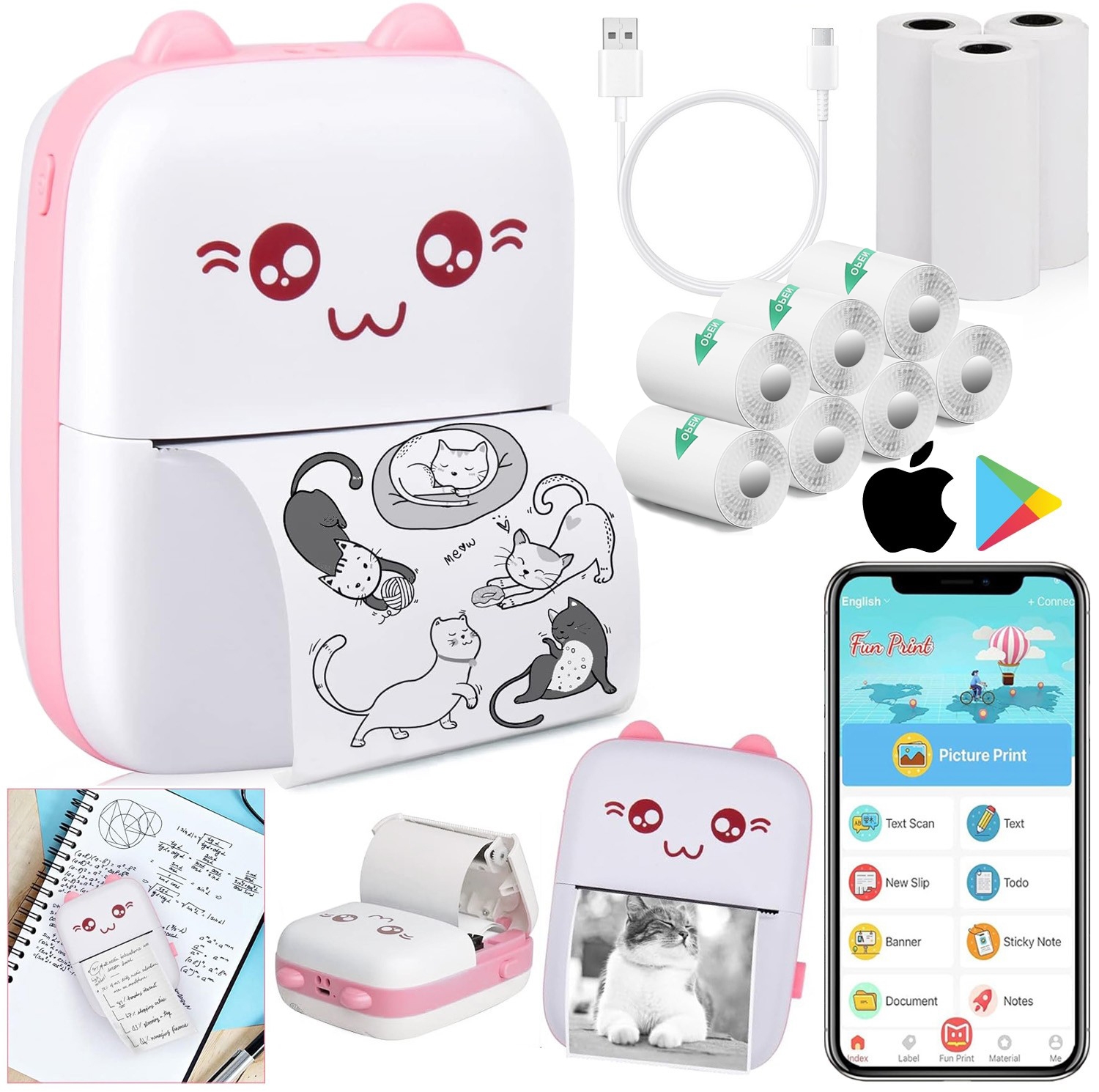 Drukuś | Mini Drukarka Termiczna Natychmiastowa | dla Dzieci | Kotek Różowy + PAPIER SAMOPRZYLEPNY