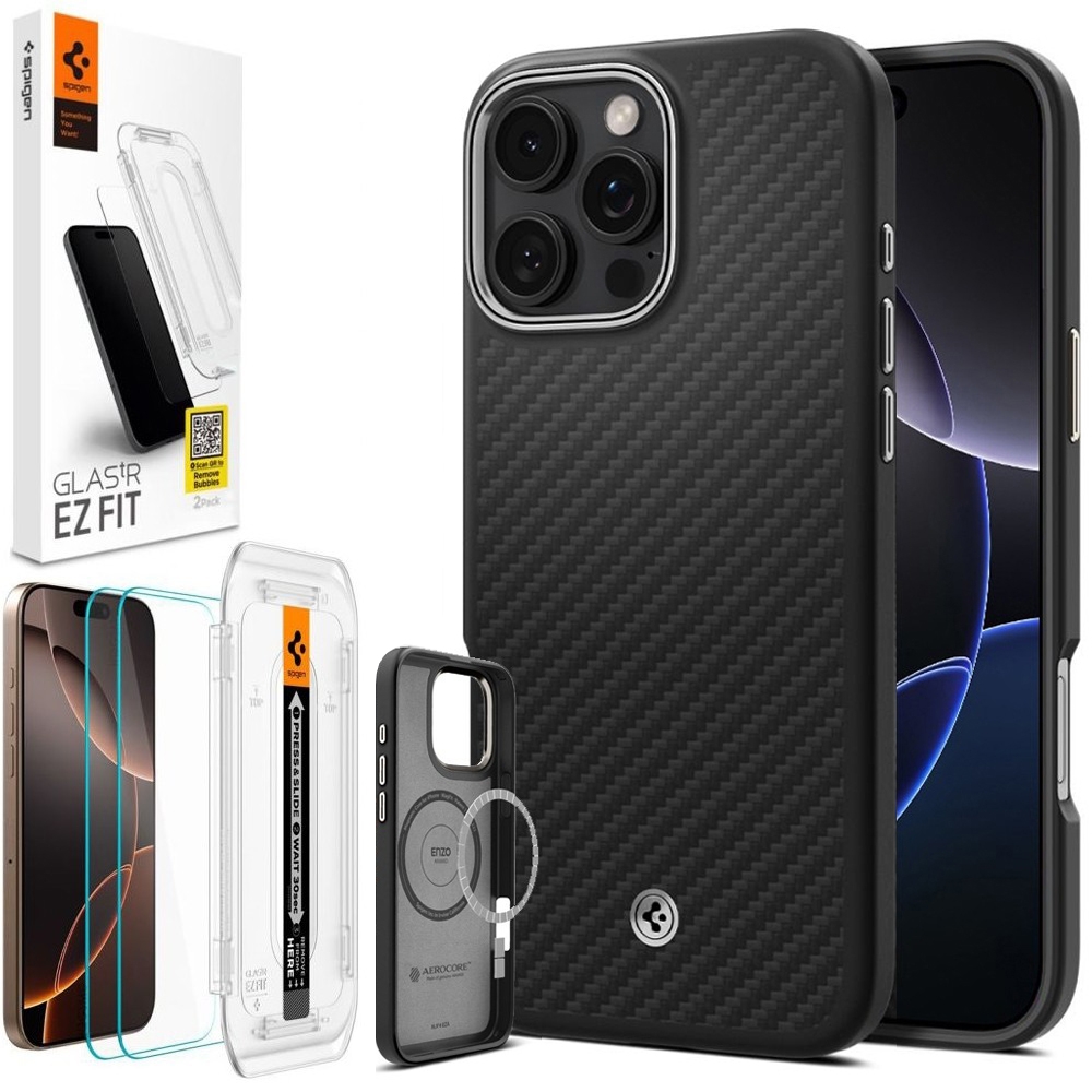 Etui SPIGEN Enzo Aramid MagSafe | Black Silver + 2x SZKŁO Spigen do Apple iPhone 16 Pro Max