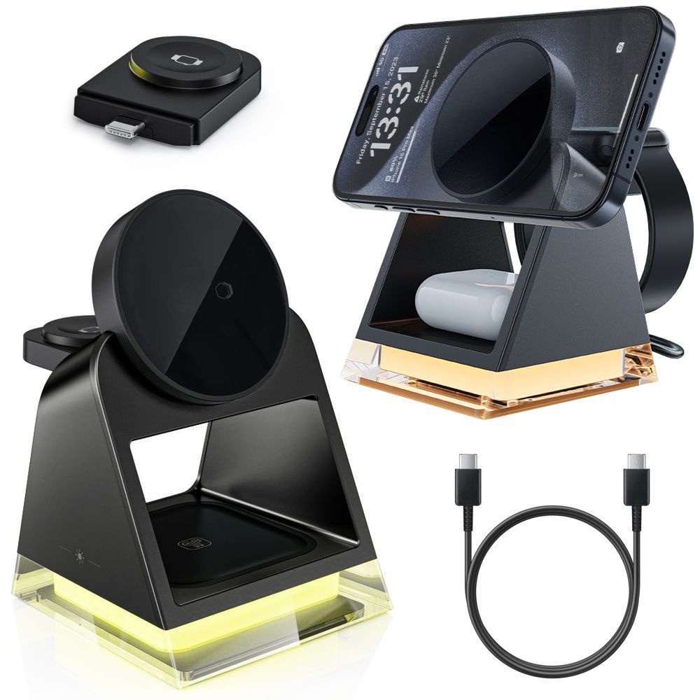 Stacja Indukcyjna 3w1 z MagSafe | Ładowarka Bezprzewodowa USB-C + Lampka Nocna LED